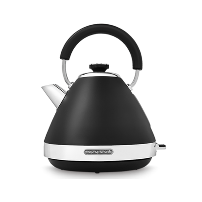A black pyramid-shaped electric kettle with a white handle and spout cap, featuring a vintage style and a water window.