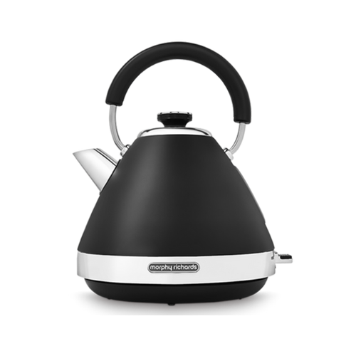 A black pyramid-shaped electric kettle with a white handle and spout cap, featuring a vintage style and a water window.