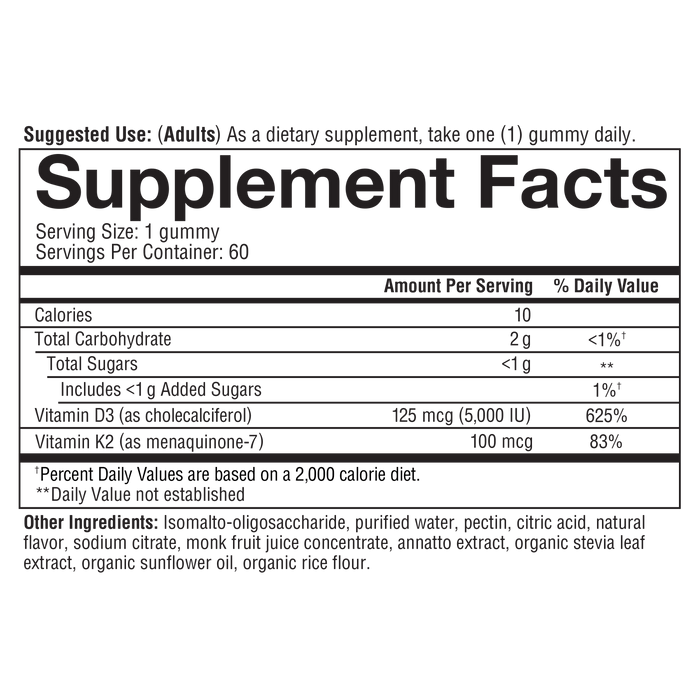 K2D3G.92033 Youtheory Vitamin K2D3 Gummy Peach Flavor 60 Gummies Nutrition Facts Panel