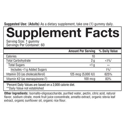 K2D3G.92033 Youtheory Vitamin K2D3 Gummy Peach Flavor 60 Gummies Nutrition Facts Panel