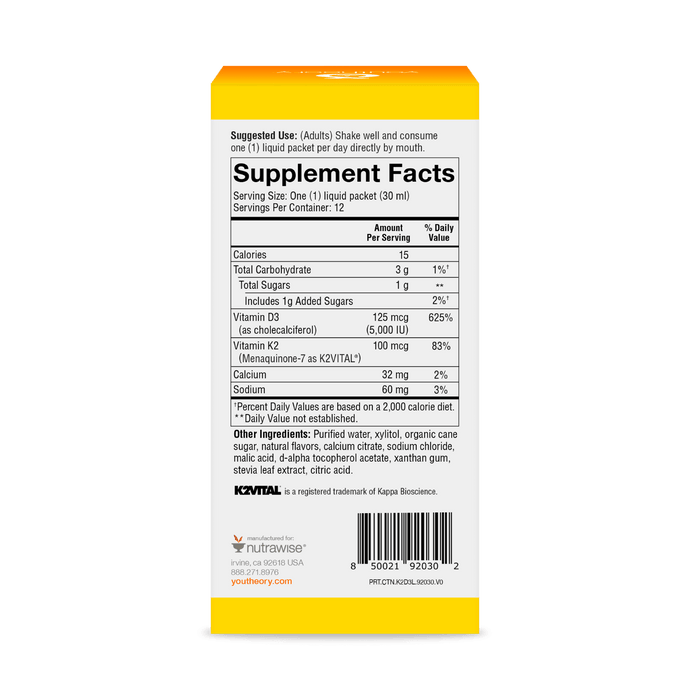 CTN.K2D3L.92030 Youtheory K2D3 Liquid Peach Flavor 12 ct Product Image - Back