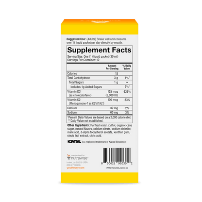 CTN.K2D3L.92030 Youtheory K2D3 Liquid Peach Flavor 12 ct Product Image - Back