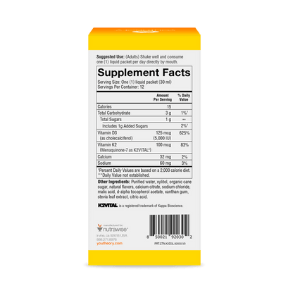 CTN.K2D3L.92030 Youtheory K2D3 Liquid Peach Flavor 12 ct Nutrition Facts Panel