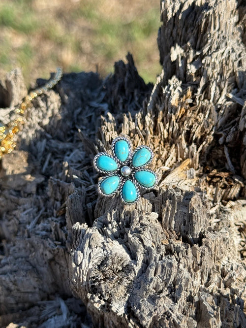 Western Turquoise Flower Cuff Ring