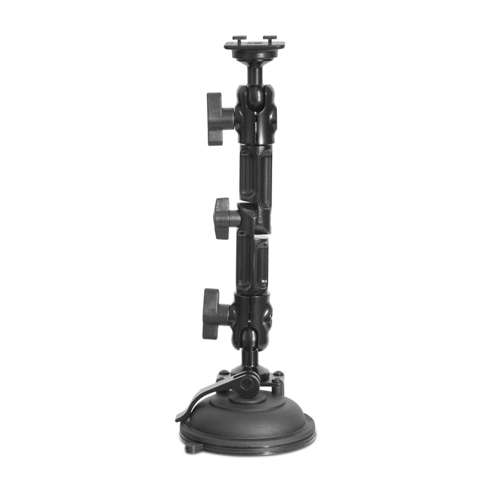 The Multi-Angle Heavy-Duty Windshield Mount is a black accessory with adjustable knobs and a strong suction cup base, shown upright against a white background.