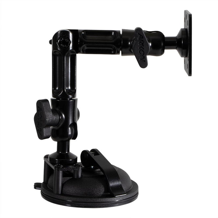 The Multi-Angle Suction AMPS Mount is a black adjustable mounting arm with multiple joints and locking knobs, featuring a round suction base for securely holding tablets on smooth surfaces.