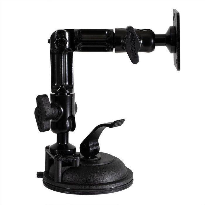 The Multi-Angle Suction AMPS Mount is a black adjustable arm with a suction cup base and multiple tightening knobs, designed for secure device or tablet attachment on smooth surfaces.