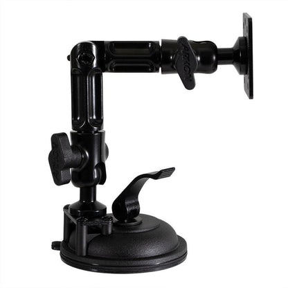The Multi-Angle Suction AMPS Mount is a black adjustable arm with a suction cup base and multiple tightening knobs, designed for secure device or tablet attachment on smooth surfaces.