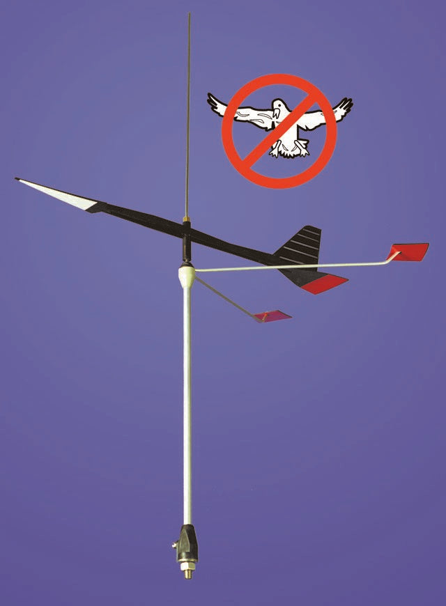 WindTrak 15 wind indicators weathervane with a red circle and black bird silhouette on a blue background