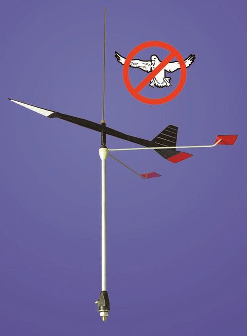 WindTrak 15 wind indicators weathervane with a red circle and black bird silhouette on a blue background