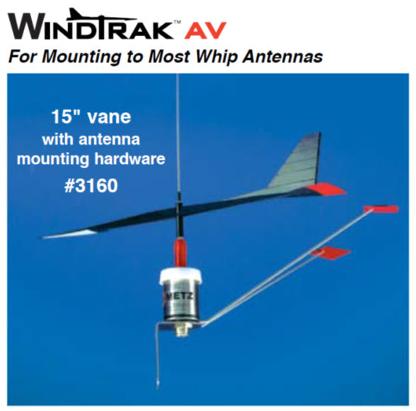 WindTrak wind indicators WindTrak AV Antenna Mount 15-inch wind vane and mounting hardware against a blue sky background.