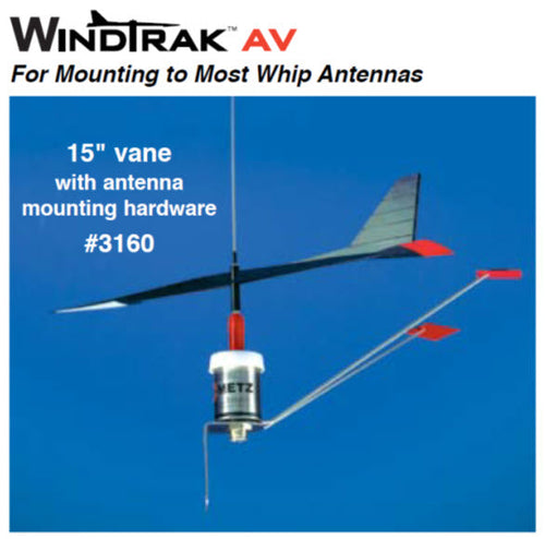 WindTrak wind indicators WindTrak AV Antenna Mount 15-inch wind vane and mounting hardware against a blue sky background.