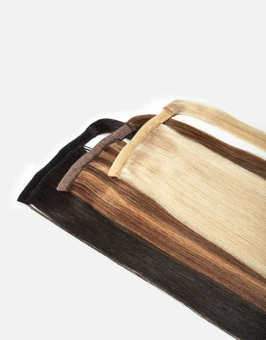 wrap ponytail in clip-in extensions in a variety of colors