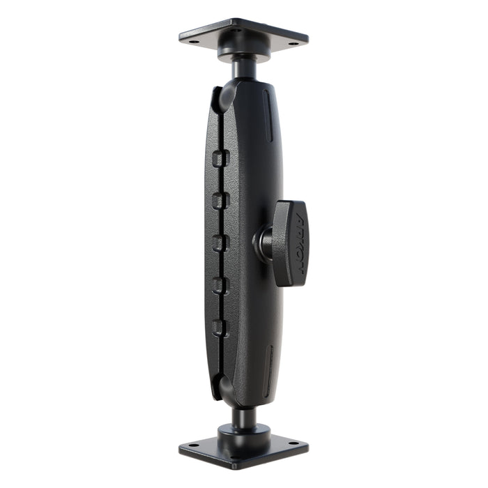 The XMS 7.75 Aluminum AMPS Drill-Base Mounting Pedestal features black, heavy-duty aluminum with square end plates, a central tightening knob, and 25mm compatibility for secure device or equipment installation.