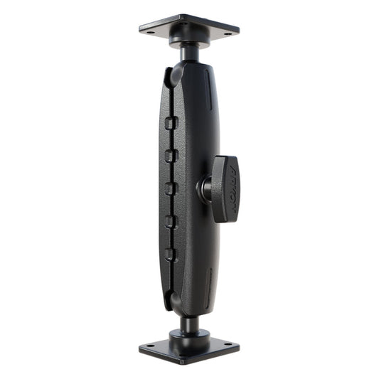 The XMS 7.75 Aluminum AMPS Drill-Base Mounting Pedestal features black, heavy-duty aluminum with square end plates, a central tightening knob, and 25mm compatibility for secure device or equipment installation.