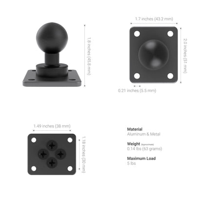 The XMS 25mm AMPS Adapter Plate is a black aluminum mounting ball plate shown from three angles, measuring 1.8 tall with a 2x2 base and 1.7 (25mm) ball mount diameter. It weighs 0.14 lbs, supports up to 5 lbs, and includes an AMPS mounting adapter.