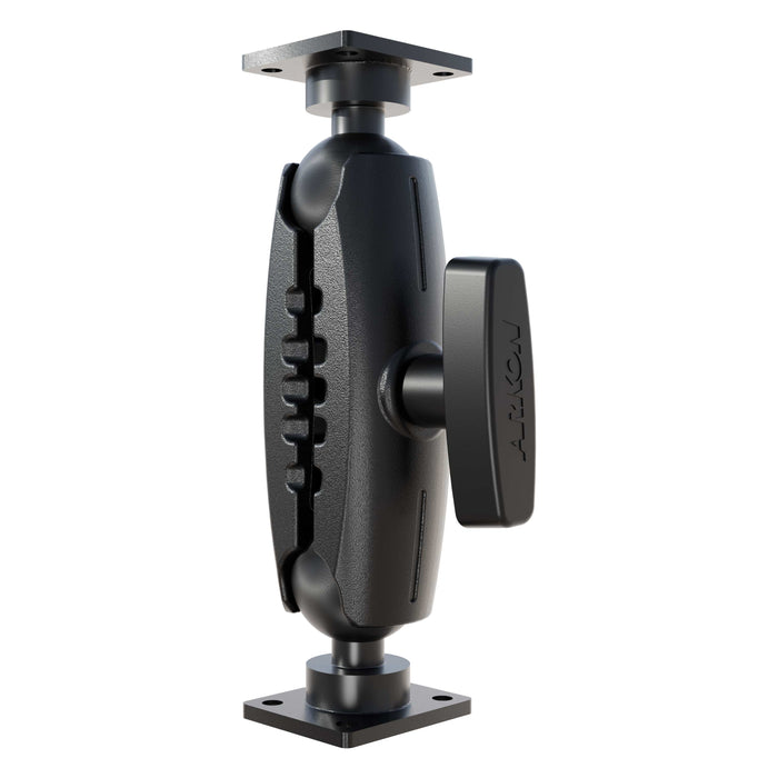 The XMS 7.75 Aluminum AMPS Drill-Base Mounting Pedestal features black articulated arms, square base plates, a central ARKON locking knob, and industrial-strength support—compatible with 38mm devices for adjustable mounting.