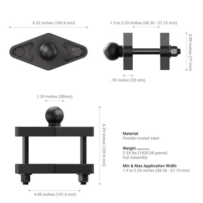 Black metal bracket with dimensions and specifications on a white background