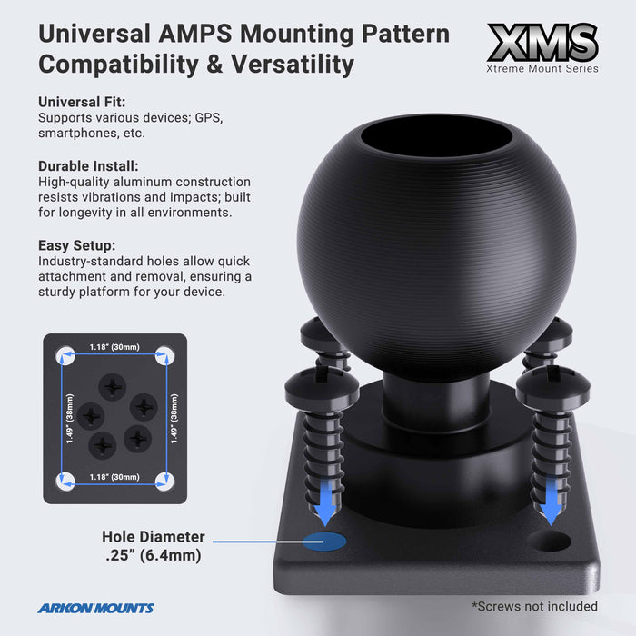 The Forklift Overhead Guard Mount with AMPS Mounting Plate and 8.5 Shaft is a black, heavy-duty, spherical mount on a square base with four mounting holes for universal AMPS device compatibility—durable and easy to install for warehouse vehicles.
