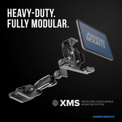 Exploded view of the XMS™ Heavy Duty Forklift Mount with LockVise™ Metal Locking Tablet Holder, displaying its modular components separated, with text HEAVY-DUTY. FULLY MODULAR. and XMS Arkon XMS Configurable Mounting System on a black background—a perfect illustration of an industrial tablet mounting system engineered for demanding environments such as forklift tablet mount applications.