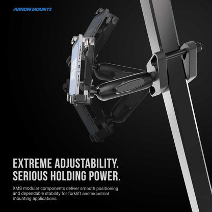 A XMS™ Heavy Duty Forklift Mount with LockVise™ Metal Locking Tablet Holder is attached to a vertical metal bar, demonstrating its wide range of adjustable positions. Text reads: Extreme adjustability. Serious holding power. Perfect as an industrial tablet mounting system or heavy duty tablet holder, the XMS™ solution keeps your device secure in demanding environments. Arkon Mounts logo appears in the upper left corner.