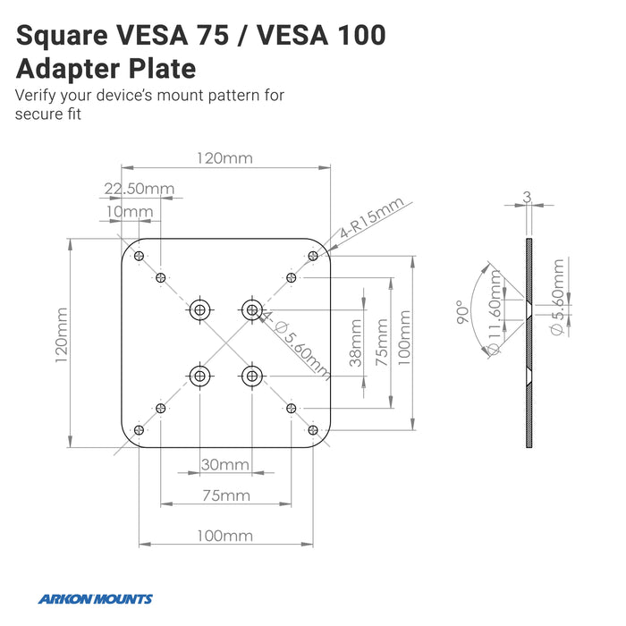 Technical diagram of the Square VESA 75 / VESA 100 Adapter Plate, showing front and side views, detailed VESA mounting and screw hole measurements, AMPS compatibility, labeling, and the Arkon Mounts logo.