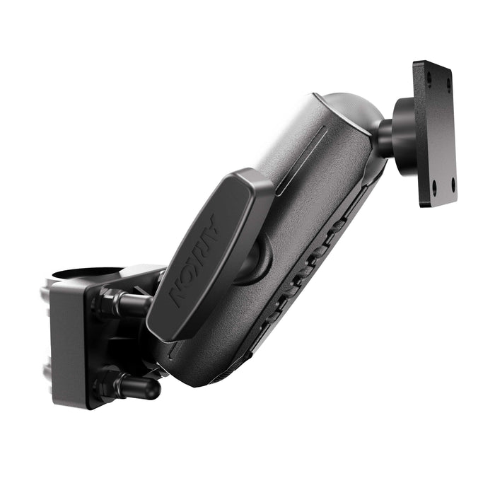 XMS™ U-Bolt Mount with AMPS mounting plate, featuring a black adjustable arm bracket with a rectangular AMPS interface, designed to support devices such as monitors or small TVs. The arm includes a locking lever to secure the desired angle.