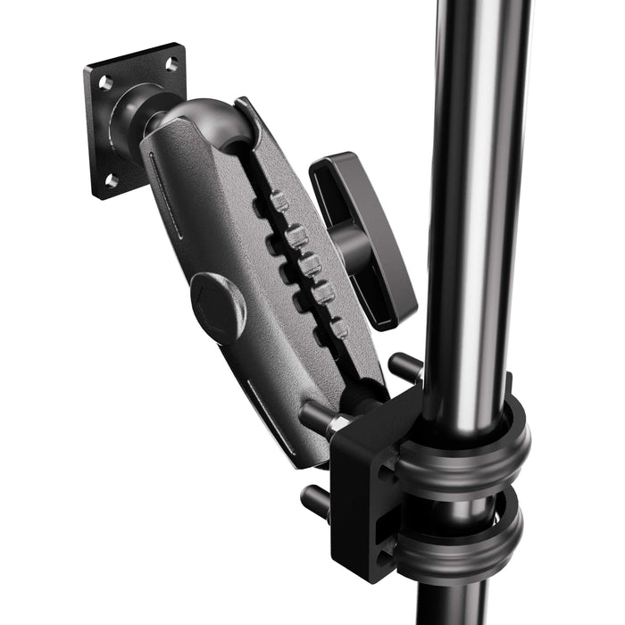 A close-up of the XMS™ U-Bolt Mount with AMPS Mounting Plate clamped to a vertical pole, showcasing its adjustable metal arm, tightening knob, and sturdy wall plate as part of the XMS mounting system.