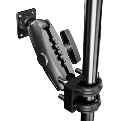 A close-up of the XMS™ U-Bolt Mount with AMPS Mounting Plate clamped to a vertical pole, showcasing its adjustable metal arm, tightening knob, and sturdy wall plate as part of the XMS mounting system.