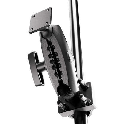 Close-up of the XMS™ U-Bolt Mount with AMPS Mounting Plate, featuring a black adjustable mounting arm, tightening knob, and AMPS plate secured to a pole using U-bolt mount clamps.