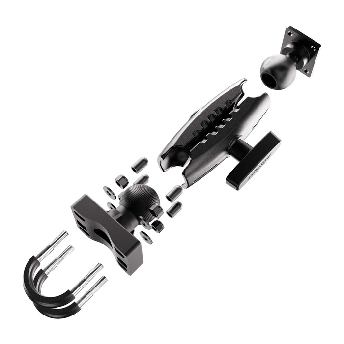 Exploded view of the XMS™ U-Bolt Mount with AMPS Mounting Plate in black metal, showing all components—including bolts, nuts, U-bolts, mounting plate, and connectors—separated and precisely aligned for assembly.