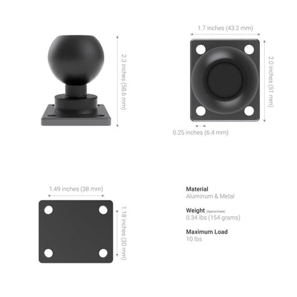The XMS 38mm AMPS Adapter Plate is a black metal ball joint with a square base, shown from multiple angles. Features heavy-duty aluminum, AMPS mounting pattern, and supports up to 10 lbs. Size: 2.3 tall, 1.7 wide, base 1.49x1.18, 0.25 thick.