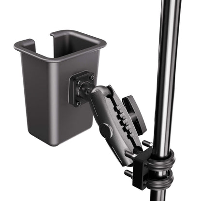 XMS™ U-Bolt Mount with Large Barcode Holster features a black cup holder attached to a vertical pole via an adjustable clamp and joint, perfect for securely holding cups or small items on objects such as strollers, wheelchairs, bikes, or alongside warehouse equipment. Its versatile U-bolt mount ensures reliable attachment in diverse settings.