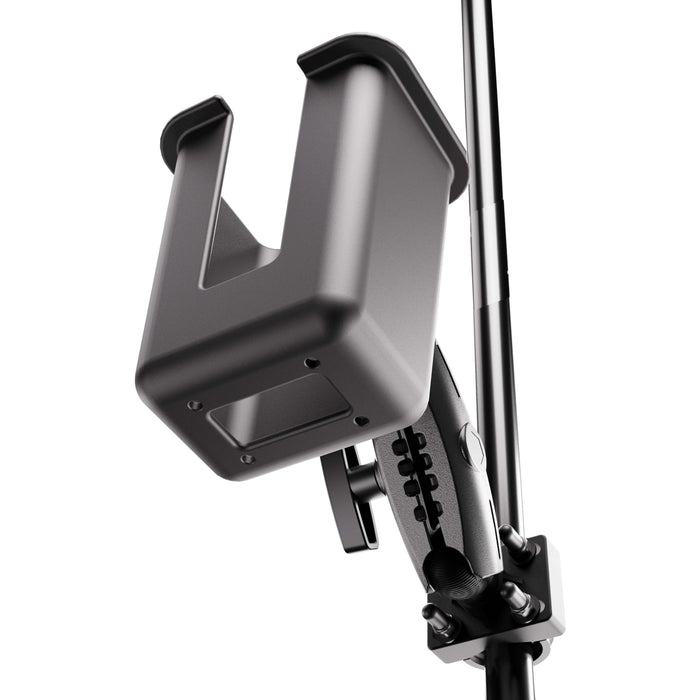 Close-up view of the XMS™ U-Bolt Mount with Large Barcode Holster in black metal, attached to a pole and shown from below, featuring adjustable joints and visible mounting screws.