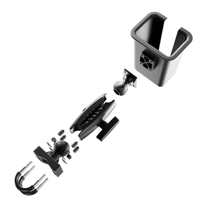 Exploded view of the XMS™ U-Bolt Mount with Large Barcode Holster in black, showing mounting hardware components including a U-bolt mount, clamps, ball joints, and screws—all neatly arranged on a white background. This setup is ideal for use with warehouse barcode scanner accessories or as part of a comprehensive barcode scanner holster solution.