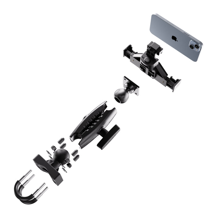 Exploded view of the XMS™ U-Bolt Mount with LockVise™ Locking Phone Holder in black, displaying all components separated: the locking U-bolt phone mount, mounting balls, connecting arm, adjustment knobs, and a smartphone secured in the holder on the far right for safe device mounting.