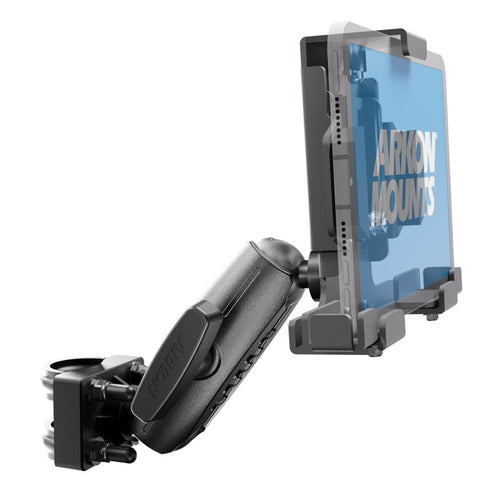 A close-up of a tablet mounted on an adjustable black XMS™ U-Bolt Mount with LockVise™ Metal Locking Tablet Holder, featuring a clamp base and shown from a side angle.