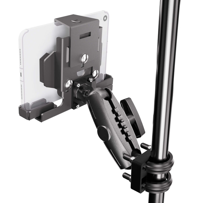 Tablet held in the XMS™ U-Bolt Mount with LockVise™ Metal Locking Tablet Holder, attached to a metal pole. This modular mounting system features adjustable knobs and joints for precise positioning and stability, ensuring a secure and versatile setup.