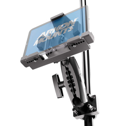Here’s a rewritten version using your product data: A tablet is securely mounted on a pole using the XMS™ U-Bolt Mount with LockVise™ Metal Locking Tablet Holder, with the Arkon Mounts logo visible on the tablet screen and viewed from a low angle. This modular mounting system provides secure, flexible positioning for optimal viewing.