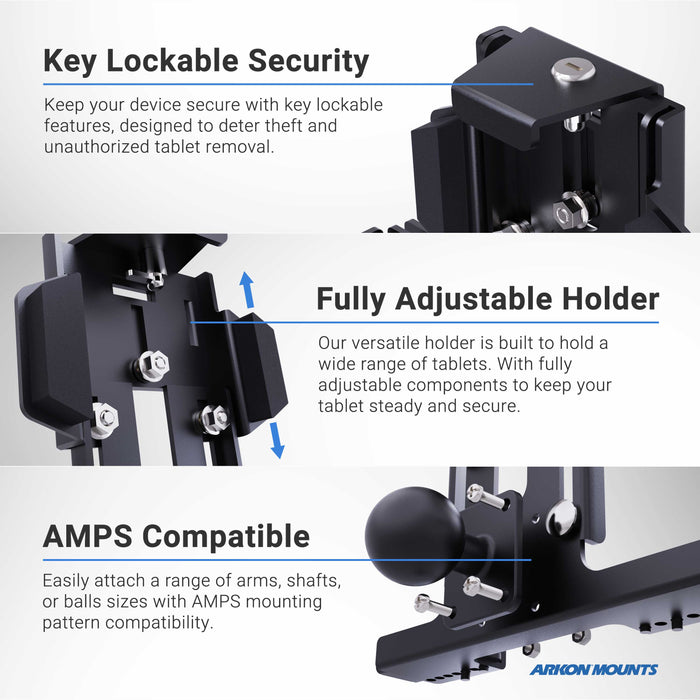 A graphic spotlights the RoadVise® Clamp Mount with LockVise™ Metal Locking Tablet Holder, featuring key lock security, a fully adjustable clamp for various tablets, AMPS compatibility, and close-up views of its secure locking and mounting mechanisms.