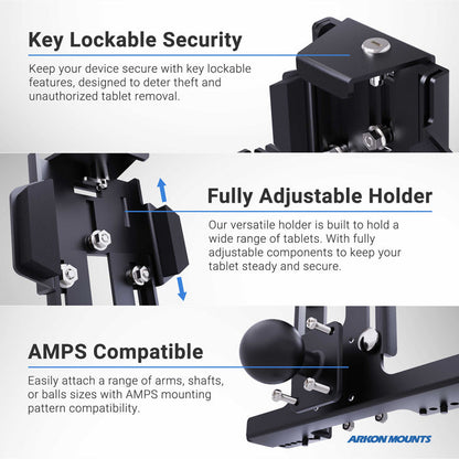 A graphic spotlights the RoadVise® Clamp Mount with LockVise™ Metal Locking Tablet Holder, featuring key lock security, a fully adjustable clamp for various tablets, AMPS compatibility, and close-up views of its secure locking and mounting mechanisms.