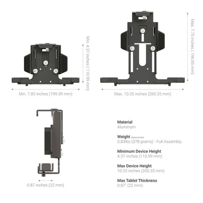 Technical specifications of a tablet stand with dimensions and material details on a white background.