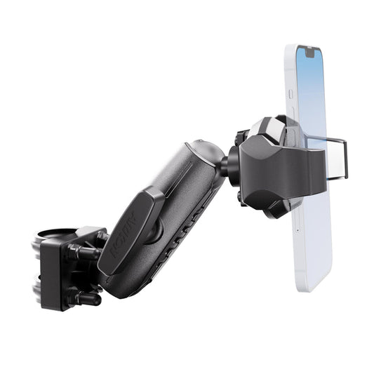 The XMS™ U-Bolt Mount with RoadVise® Ultra Phone Holder, shown in black, securely holds a smartphone with a visible camera notch in a horizontal orientation. This heavy-duty phone mounting system features an adjustable clamp attachment and an articulated arm for precise positioning, all set against a plain white background.