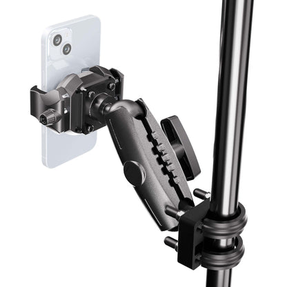 A smartphone is held by the XMS™ U-Bolt Mount with RoadVise® Ultra Phone Holder, which features an adjustable clamp and is securely attached to a vertical metal pole, making it ideal for filming or photography purposes.