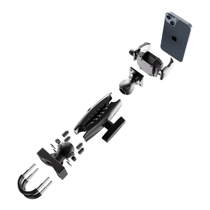 Exploded view of the XMS™ U-Bolt Mount with RoadVise® Ultra Phone Holder for bikes, showing individual components separated in a line, including clamps, the U-bolt mount, ball joints, mounting screws, and a phone securely held in the adjustable RoadVise® Ultra cradle at the end.