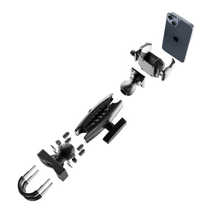 Exploded view of the XMS™ U-Bolt Mount with RoadVise® Ultra Phone Holder for bikes, showing individual components separated in a line, including clamps, the U-bolt mount, ball joints, mounting screws, and a phone securely held in the adjustable RoadVise® Ultra cradle at the end.