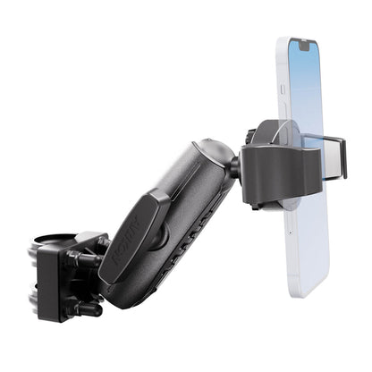 The XMS™ U-Bolt Mount with RoadVise® Ultra Pro Phone Holder securely holds a smartphone in landscape orientation, using clamps and screws to attach to a surface, and features a rotating arm for flexible positioning—providing a reliable hands-free setup.