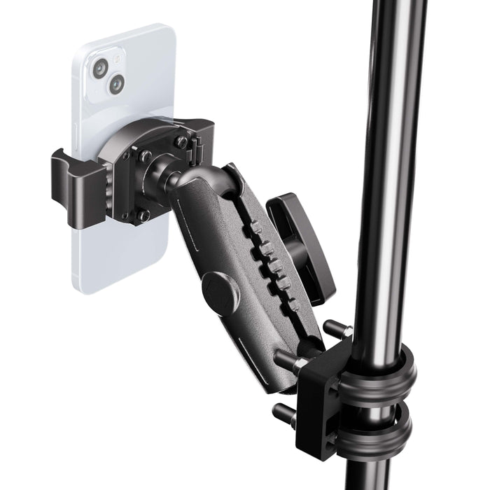 The XMS™ U-Bolt Mount with RoadVise® Ultra Pro Phone Holder is securely clamped to a metal pole, firmly holding a smartphone in a horizontal position for a stable, hands-free setup.