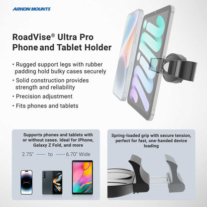 The RoadVise® Ultra Pro Phone Clamp Mount with Dual Shafts is a wall-mounted holder designed to securely support your tablet or phone. This adjustable mount features rugged grips, precise adjustment, and accommodates devices 2.75–6.70 inches wide—making it ideal for large smartphones like iPhone, Galaxy Z Fold, and more in any space.