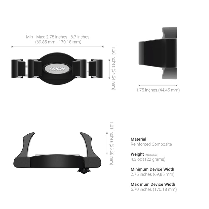 Black phone mount with dimensions and specifications on a white background